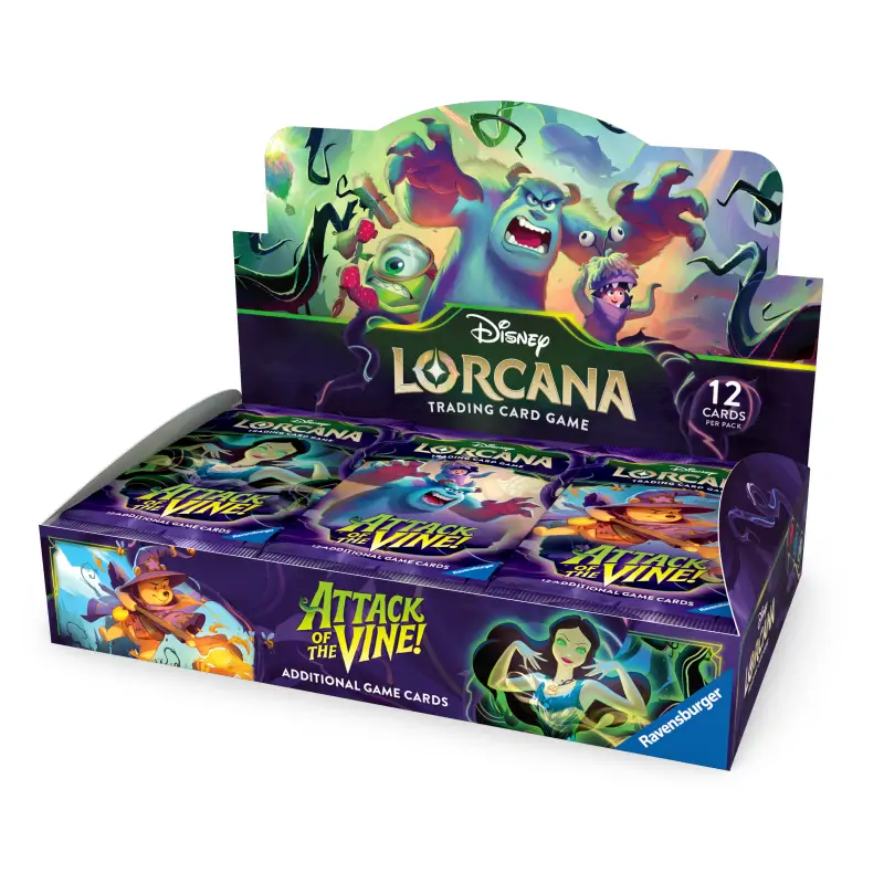 Cutie sigilată Disney Lorcana: Attack of the Vine! Booster Box Display, prezentând grafica vibrantă a setului și logo-ul oficial.