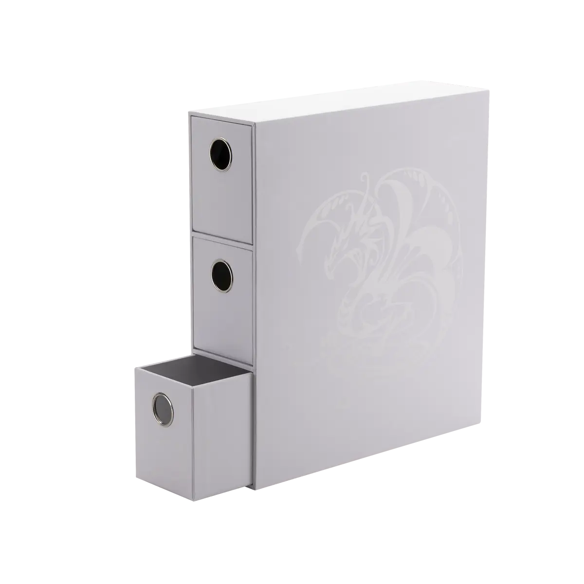 Sertar alb Dragon Shield Fortress deschis prezentând capacitatea de stocare pentru cărți și accesorii