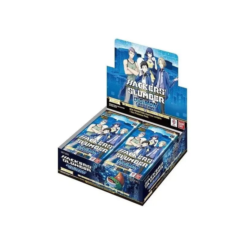 Cutia sigilată a unui booster box display Digimon Card Game Hacker's Slumber (BT23), cu artwork-ul oficial al expansiunii pe partea frontală.