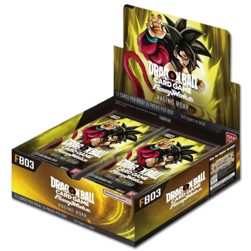 Cutie sigilată Booster Box pentru Dragon Ball Super: Fusion World - Raging Roar (FB03), cu artwork-ul principal al expansiunii.