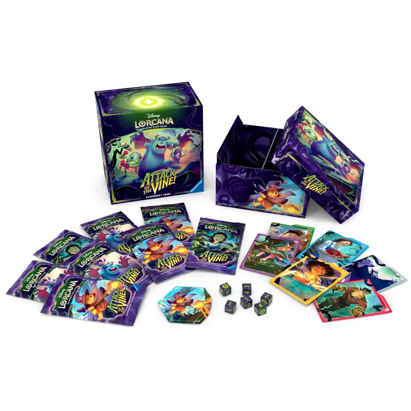 Conținutul complet al Disney Lorcana Illumineers Trove: cutia de stocare, cele 8 pachete booster, 6 zaruri, 6 separatoare de cărți și contorul de lore.