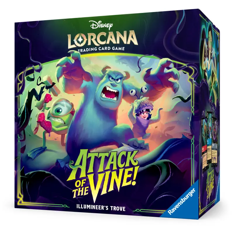Cutia de colecție Disney Lorcana TCG - Attack of the Vine! Illumineers Trove, sigilată, cu ilustrația tematică a expansiunii pe capac.