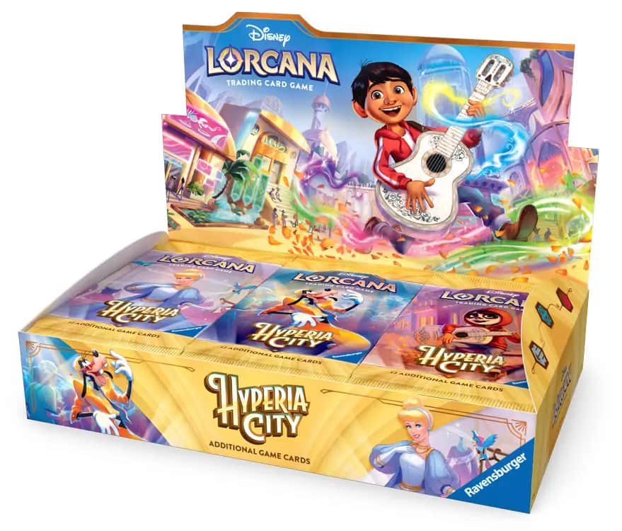 Cutia sigilată a unui Booster Box Display Disney Lorcana: Hyperia City, prezentând artwork-ul vibrant al setului cu personaje Disney într-un decor urban fantastic.