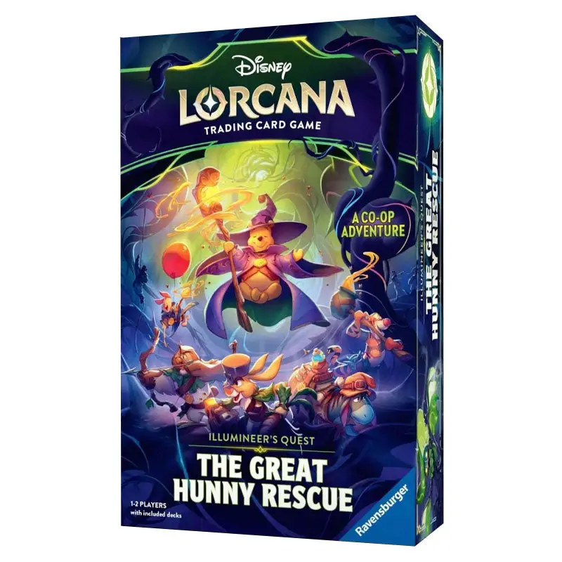 Cutia jocului cooperativ Disney Lorcana: Illumineer's Quest - The Great Hunny Rescue, ilustrând un urs vrăjit înconjurat de liane și personaje Disney pregătite de luptă.