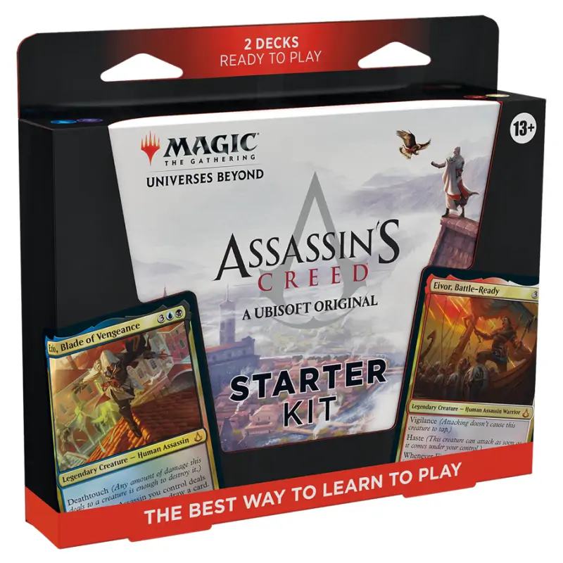 Cutia produsului Magic: The Gathering Universes Beyond: Assassin's Creed Starter Kit, ilustrându-i pe Ezio Auditore și Eivor Varinsdottir.