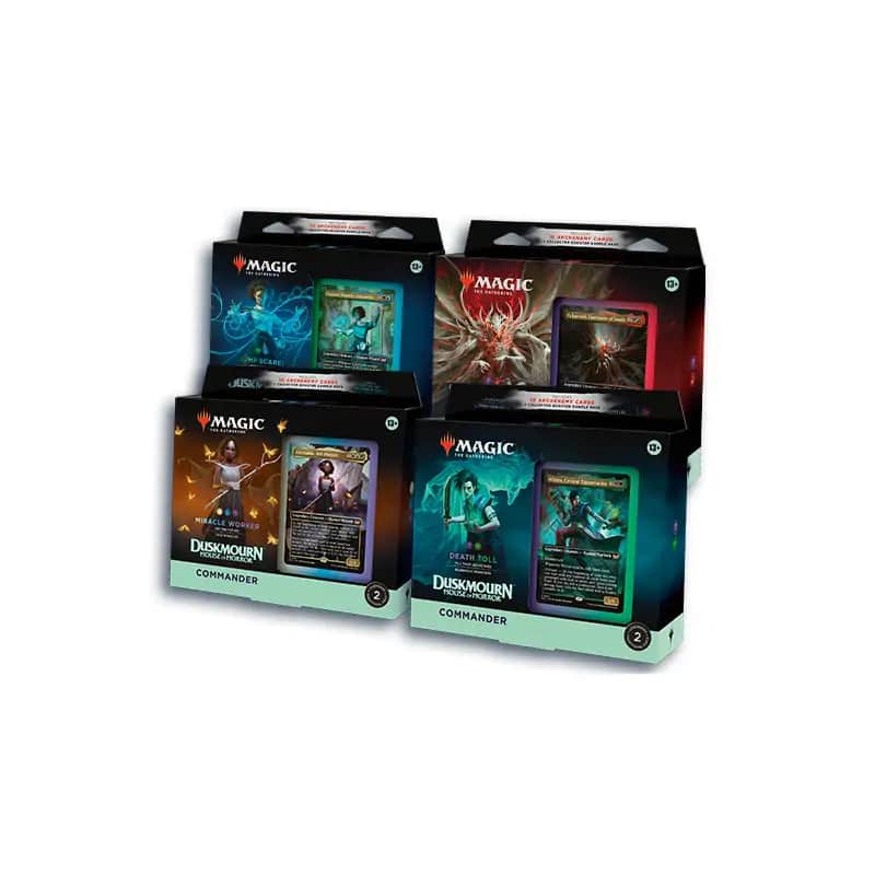Cutia setului complet cu cele patru pachete Commander din expansiunea Magic: The Gathering Duskmourn: House of Horror, afișând ilustrații tematice de groază.