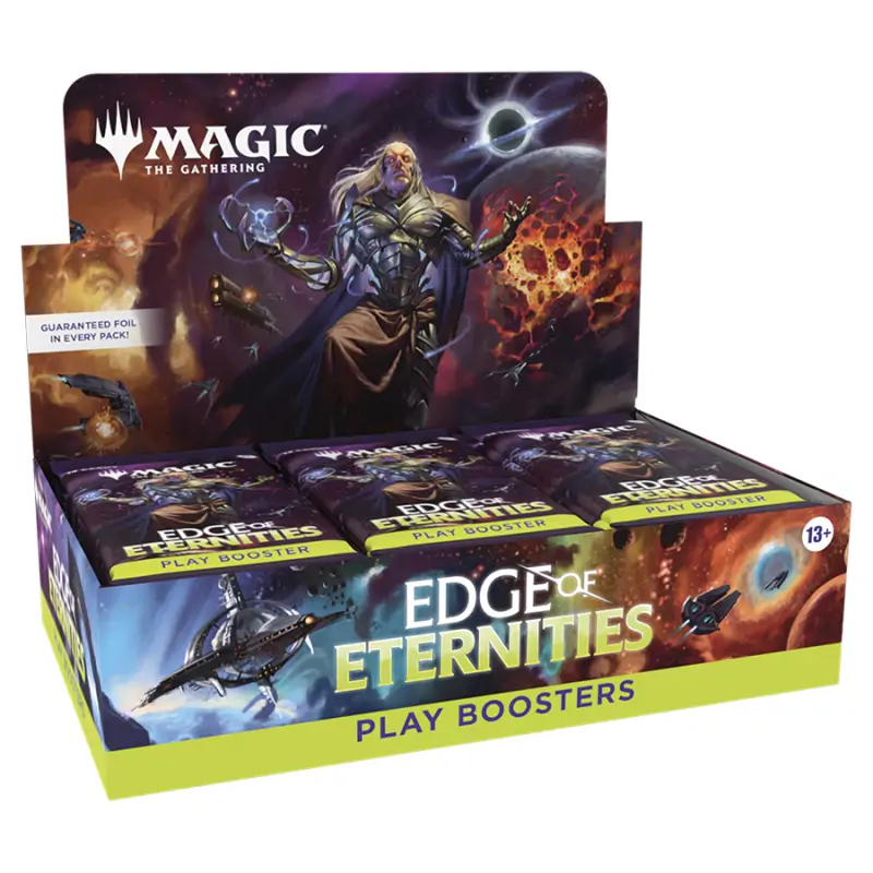 Cutia sigilată a produsului Magic: The Gathering - Edge of Eternities Play Booster Box, afișând ilustrația principală a setului cu o scenă cosmică și logo-ul oficial.