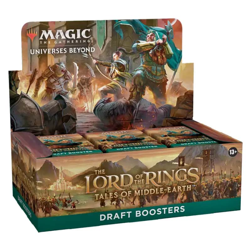 Cutie sigilată Magic: The Gathering The Lord of the Rings: Tales of Middle-Earth Draft Booster Box, cu ilustrația principală a setului vizibilă pe partea frontală.