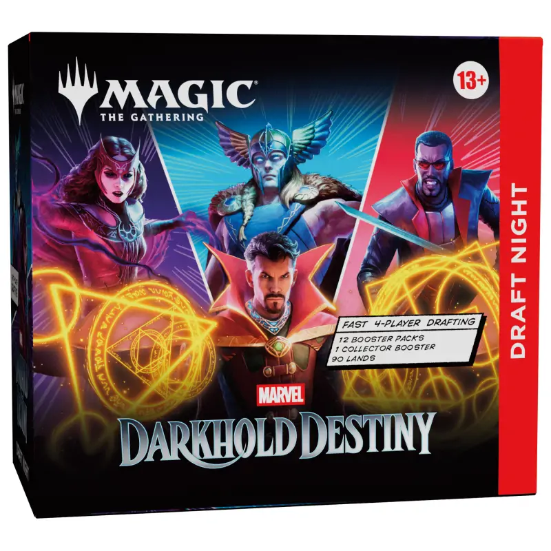 Cutia produsului Magic: The Gathering Marvel: Darkhold Destiny Draft Night, ilustrând eroii Doctor Strange și Thor luptând împotriva forțelor întunecate, cu logo-urile Magic și Marvel vizibile.