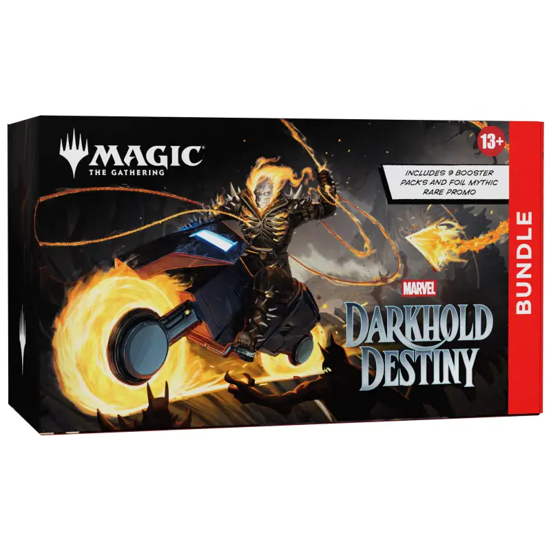 Cutia produsului Magic: The Gathering Marvel: Darkhold Destiny Fat Pack Bundle, ilustrând eroii Doctor Strange și Thor într-o confruntare epică.
