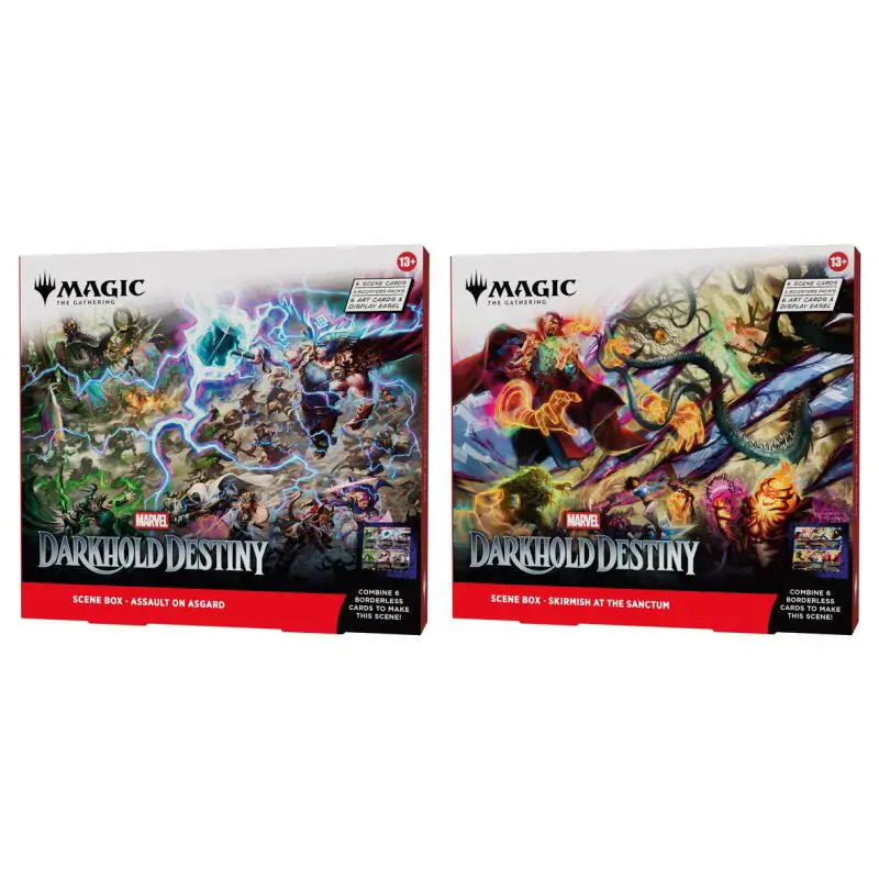 Set complet Magic: The Gathering Marvel: Darkhold Destiny Scene Box, incluzând ambele cutii, Assault on Asgard și Skirmish at the Sanctum, așezate una lângă cealaltă.