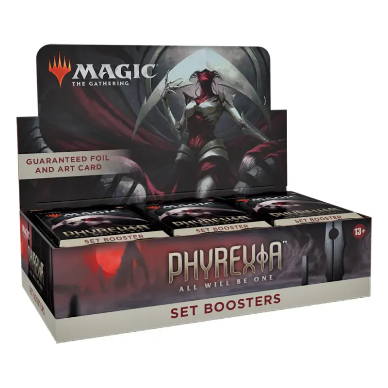 Cutia de Magic: The Gathering Phyrexia: All Will Be One Set Booster Box, sigilată, cu ilustrația principală a lui Elesh Norn, Mother of Machines, pe un fundal alb-roșu specific Phyrexiei.