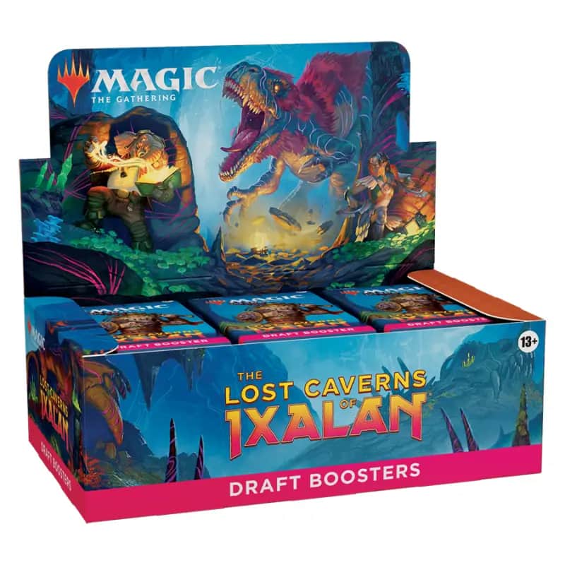 Cutia sigilată a produsului Magic: The Gathering The Lost Caverns of Ixalan Draft Booster Box, prezentând ilustrația principală a setului cu personaje explorând o peșteră subterană.