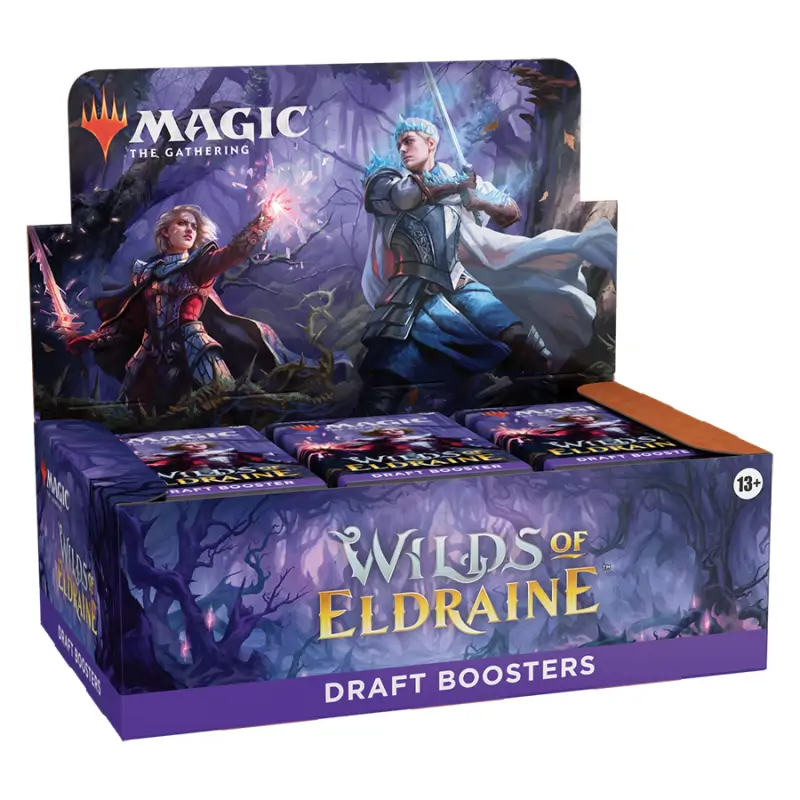 Cutia sigilată a produsului Magic: The Gathering Wilds of Eldraine Draft Booster Box, cu ilustrația principală a setului și logo-urile oficiale vizibile frontal.