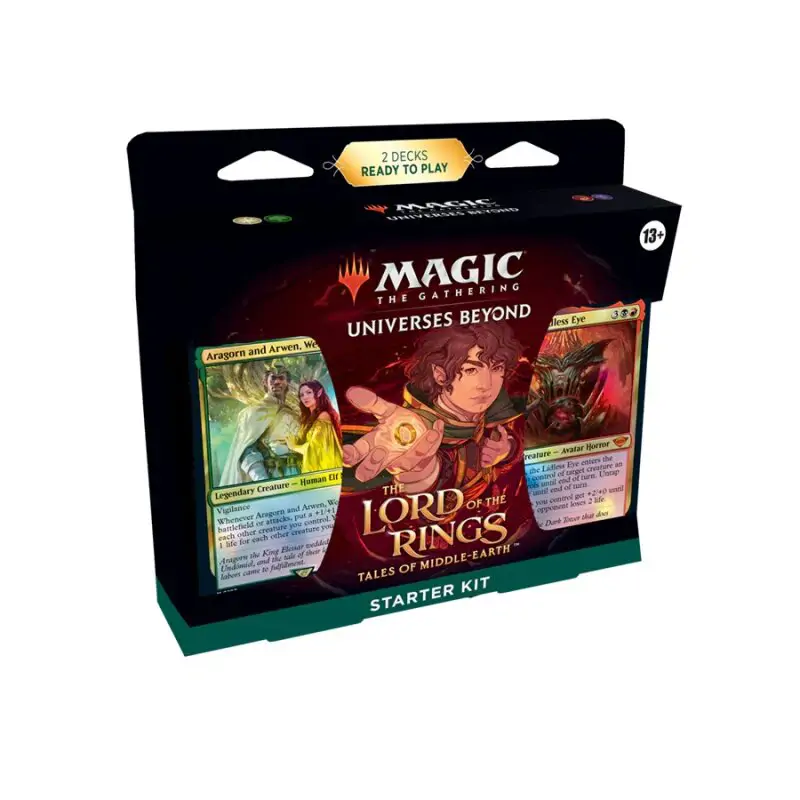 Cutia produsului Magic: The Gathering The Lord of the Rings: Tales of Middle-Earth Starter Kit, ilustrând personaje iconice din universul Stăpânul Inelelor.