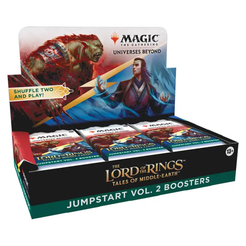 Cutia de display Magic: The Gathering The Lord of the Rings: Tales of Middle-Earth - Holiday Jumpstart Vol. 2, sigilată, cu ilustrații epice din Pământul de Mijloc.