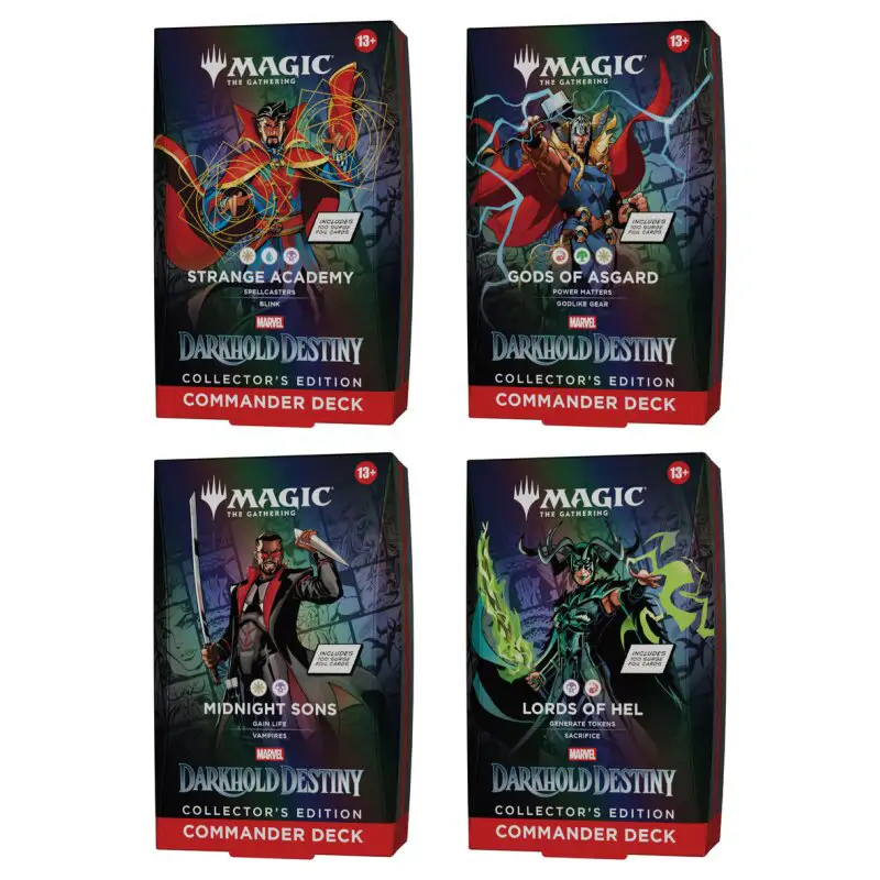 Set complet Magic: The Gathering Marvel: Darkhold Destiny Collector's Edition, afișând cele patru cutii de pachete Commander: Strange Academy, Gods of Asgard, Midnight Sons și Lords of Hel.