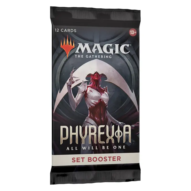 Imagine de ansamblu cu cutia Phyrexia: All Will Be One deschisă, alături de câteva pachete Set Booster scoase și așezate în fața ei pentru a arăta conținutul.