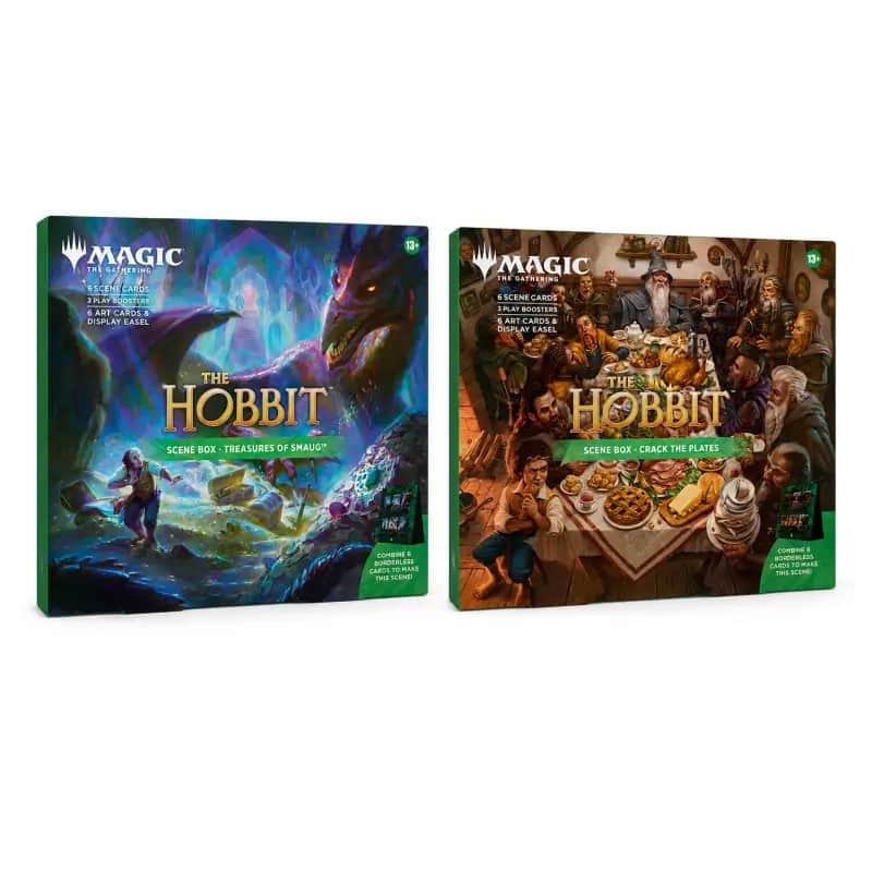 Set complet Magic: The Gathering The Hobbit Scene Box, incluzând cutiile Treasures of Smaug și Crack The Plates, alături de pachete Play Booster și șevalete de expunere.