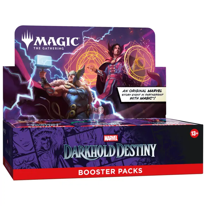 Cutia sigilată a display-ului Magic: The Gathering Marvel Darkhold Destiny, ilustrată cu Doctor Strange și Thor luptând împotriva lui Dormammu, pe un fundal cosmic întunecat.