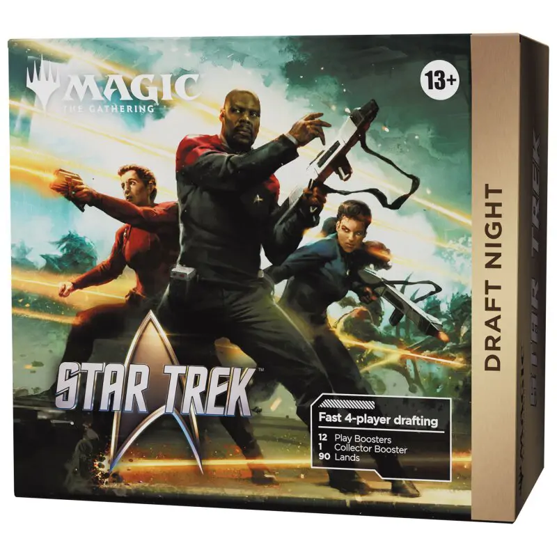 Cutia kit-ului Magic: The Gathering - Star Trek Draft Night, ilustrând nava Enterprise și personaje iconice, pregătită pentru un eveniment de draft.