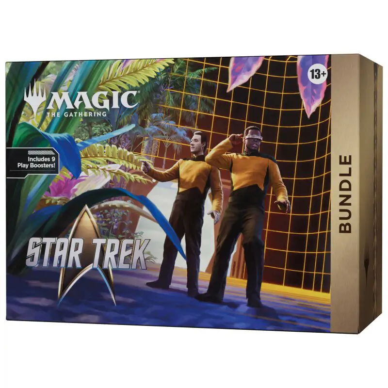 Cutia completă a produsului Magic: The Gathering - Star Trek Fat Pack Bundle, sigilată, cu ilustrații tematice Star Trek și logo-urile Magic și Universes Beyond.