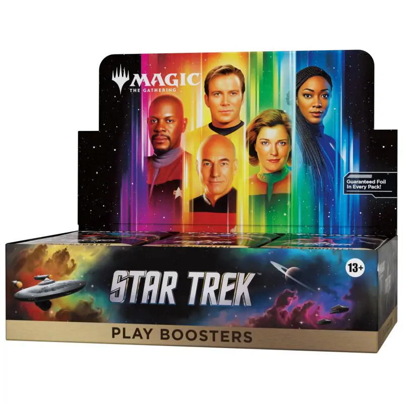 Cutia sigilată a produsului Magic: The Gathering - Star Trek Play Booster Display, prezentând grafica principală cu personaje și nave iconice din universul Star Trek.