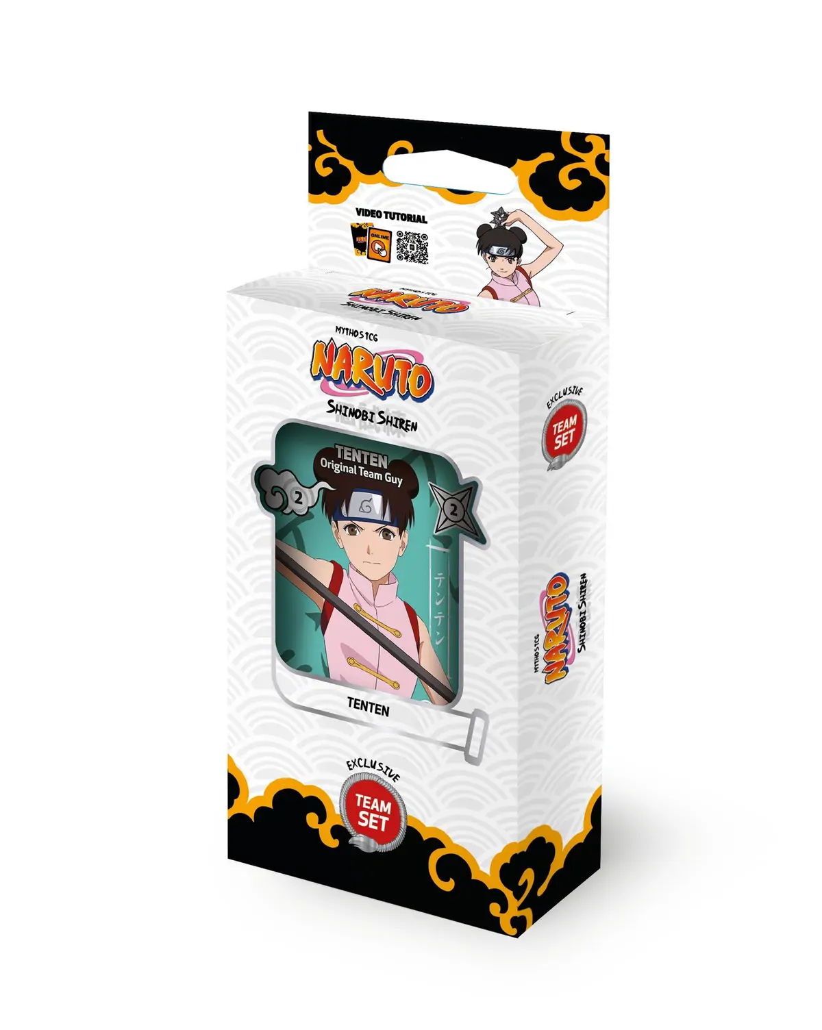 Figurină de colecție Tenten din Naruto Mythos Shinobi Shiren Teamset, văzută din față, într-o postură de luptă dinamică, ținând în mână un sul de invocare.