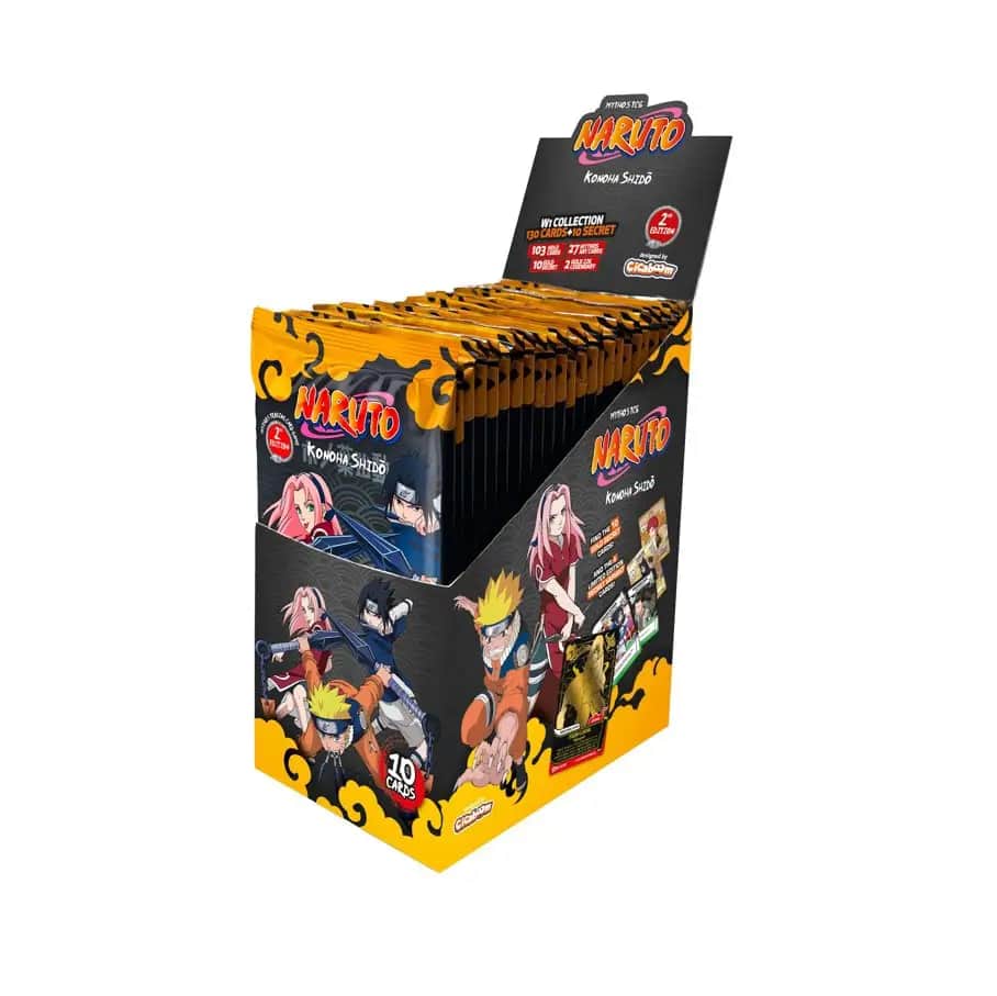 Cutie sigilată de display Naruto Mythos: Second Edition, conținând 24 de pachete booster, cu artwork vibrant reprezentând personaje din universul Naruto.