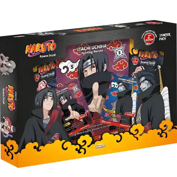 Cutia specială Naruto Mythos Set 1 Second Edition, cu o ilustrație dinamică a lui Itachi Uchiha și Kisame Hoshigaki din Akatsuki.
