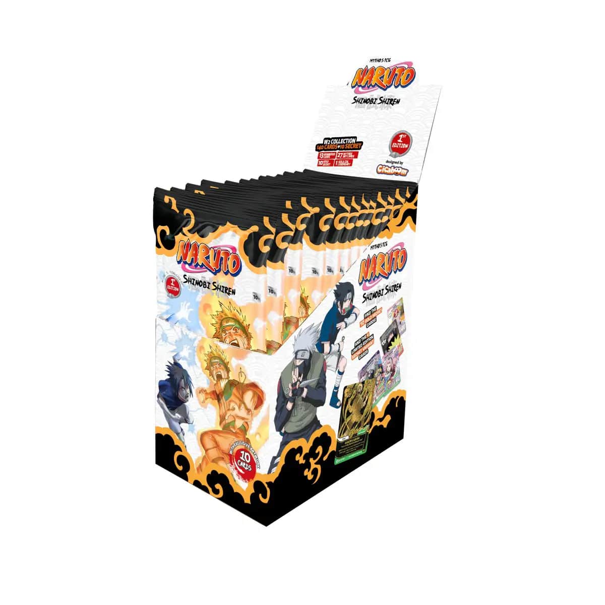 Display sigilat Naruto Mythos TCG Shinobi Shiren Set 2, Prima Ediție, conținând 24 de pachete booster, cu artwork reprezentându-i pe Jiraiya și Tsunade.