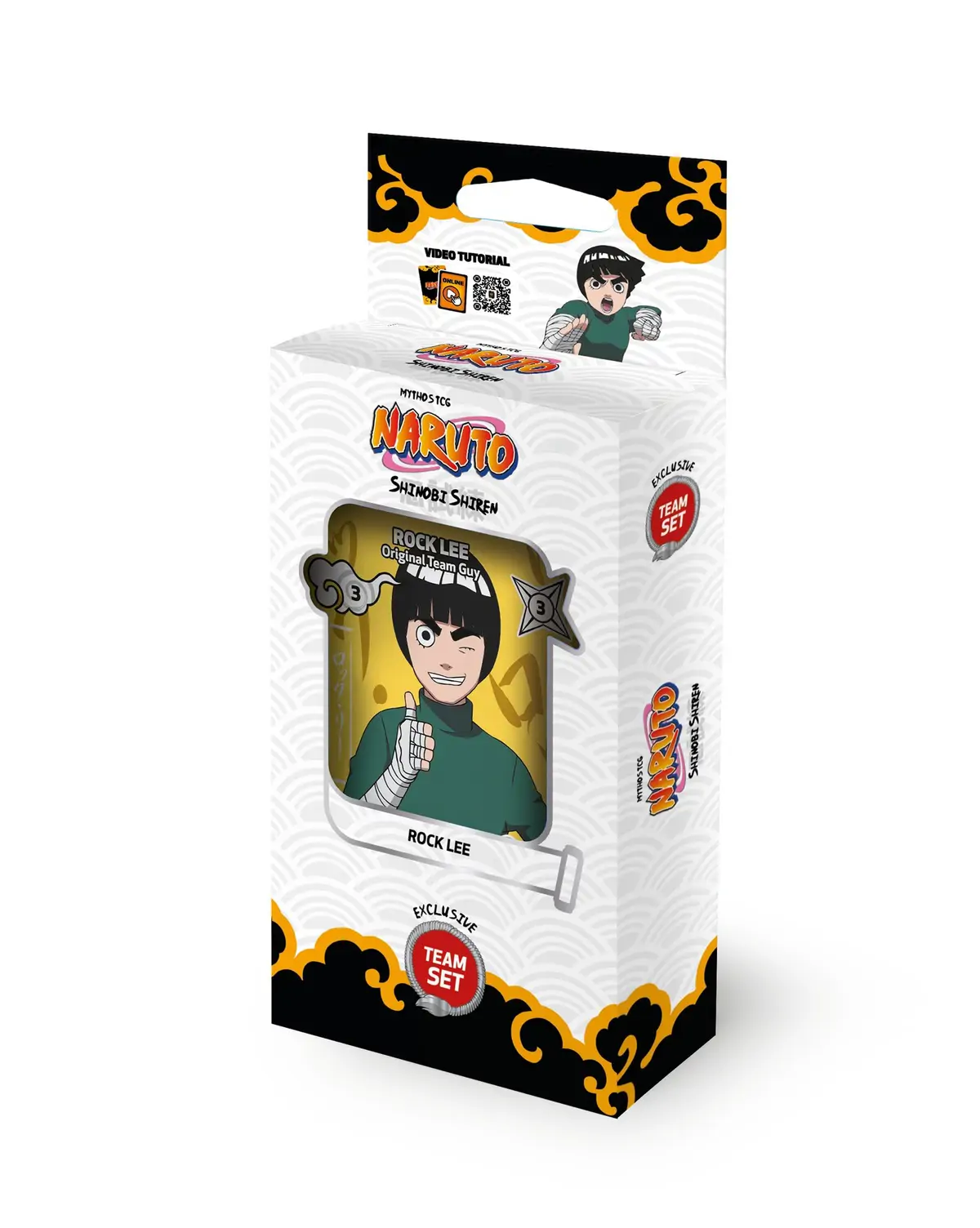 Ambalajul Teamset-ului Naruto Mythos Shinobi Shiren, cu o ilustrație dinamică a lui Rock Lee în prim-plan, pregătit de luptă, și logo-ul jocului.