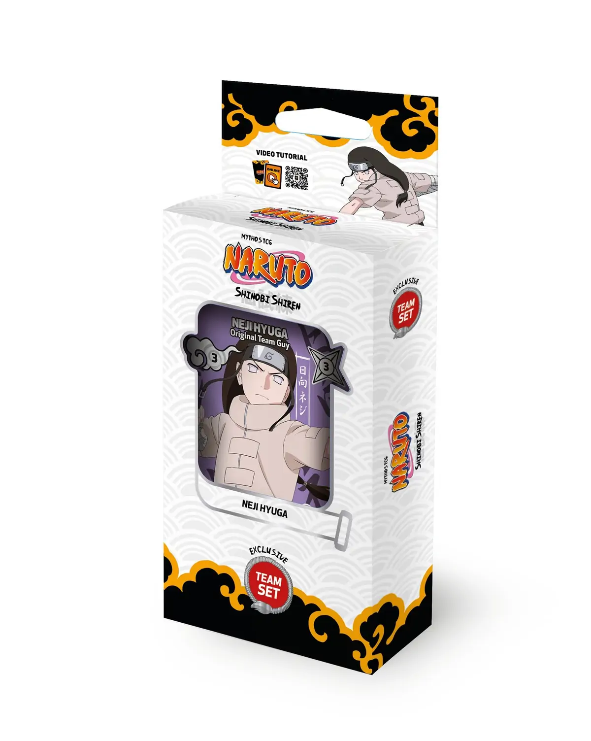 Ambalajul teamset-ului Naruto Mythos Shinobi Shiren pentru Neji Hyuga, prezentând o ilustrație dinamică a personajului în poziție de luptă.