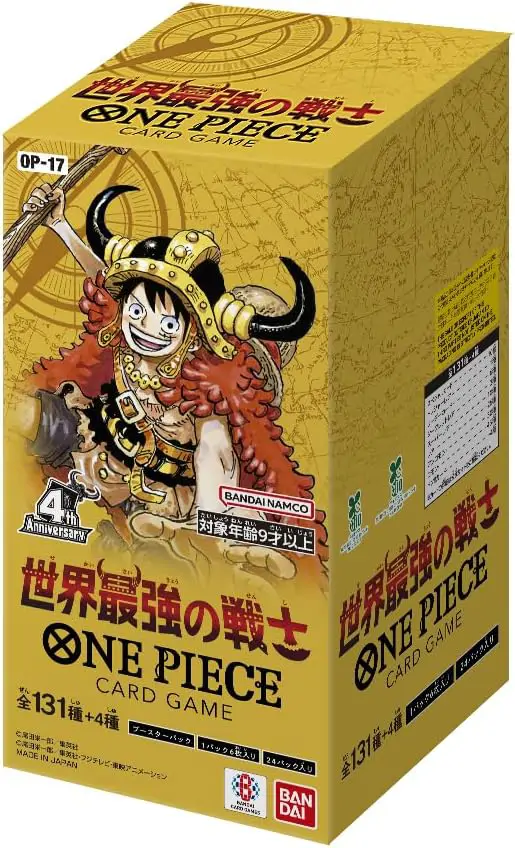 Cutie sigilată a booster box-ului One Piece Card Game OP-17 The World's Strongest Warriors, ediția japoneză, cu artwork-ul principal vizibil pe partea frontală.