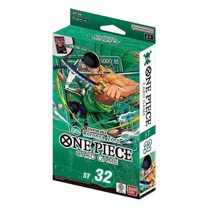 Ambalajul oficial al pachetului One Piece Card Game Starter Deck ST-32, cu o ilustrație dinamică a lui Roronoa Zoro în prim-plan, pregătit de luptă.
