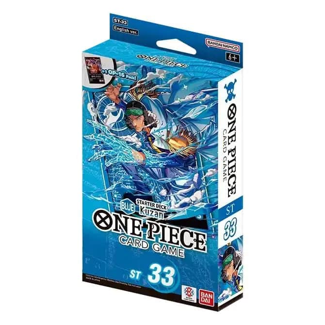 Ambalajul oficial al pachetului One Piece Card Game Starter Deck ST-33, cu o ilustrație dinamică a personajului Kuzan pe un fundal albastru înghețat.