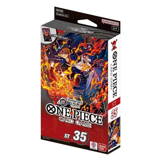 Cutia Starter Deck-ului One Piece Card Game ST-35, cu o ilustrație dinamică a personajului Sabo pe un fundal roșu și negru, evidențiind culorile pachetului.
