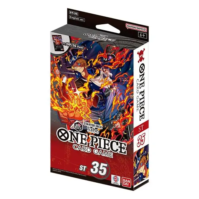 Cutia Starter Deck-ului One Piece Card Game ST-35, cu o ilustrație dinamică a personajului Sabo pe un fundal roșu și negru, evidențiind culorile pachetului.