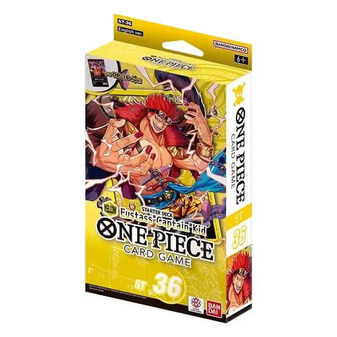 Ambalajul frontal al Starter Deck-ului One Piece Card Game ST-36, ilustrându-l pe leader-ul Eustass 'Captain' Kid într-o postură dinamică, cu logo-ul jocului și denumirea pachetului 'Yellow'.