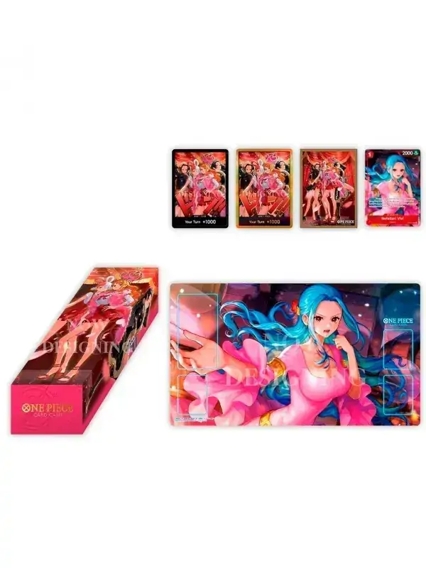 Conținutul complet al setului One Piece Heroines, afișând playmat-ul desfăcut, pachetul de protecții pentru cărți (sleeves) și cutia de stocare, toate cu design tematic.