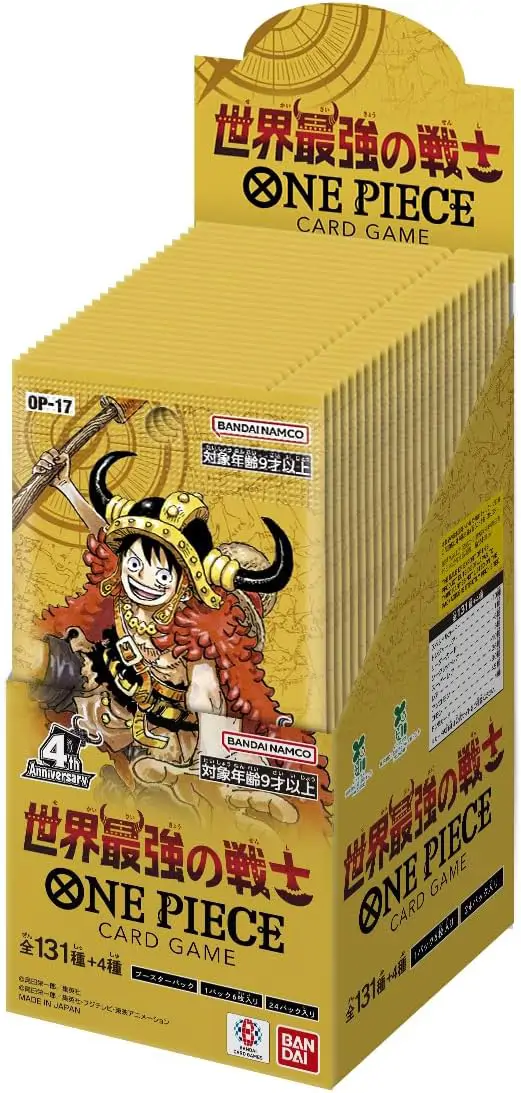 Vedere laterală a booster box-ului One Piece OP-17, ediția japoneză, afișând logo-ul oficial al jocului de cărți și detalii despre conținutul de 24 de pachete.