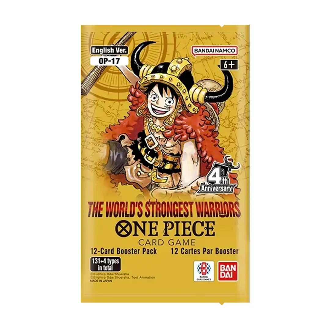 Vedere în unghi a booster box-ului One Piece OP-17, arătând designul lateral și capacul superior al cutiei ce conține 24 de pachete.