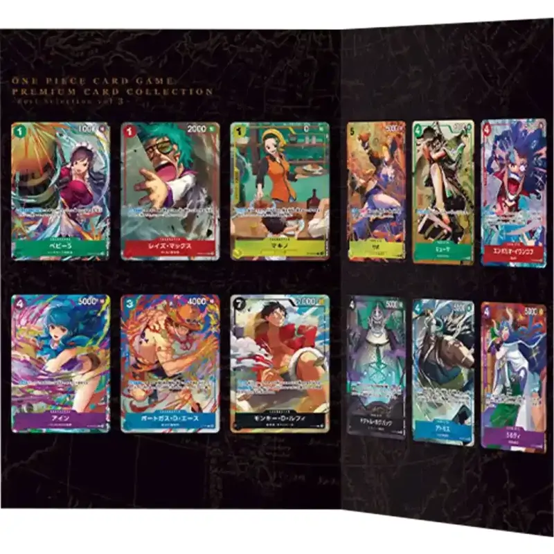 O selecție de cărți din One Piece Premium Card Collection Vol. 3, etalate pentru a evidenția finisajul foil strălucitor și arta alternativă a personajelor legendare.