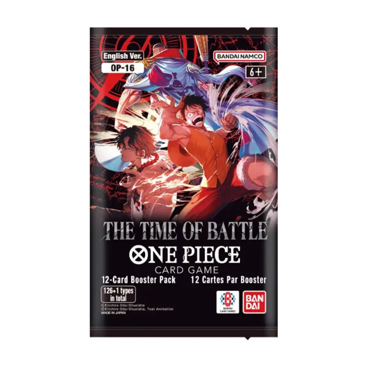 Display booster box One Piece TCG OP-16 The Time Of Battle văzut dintr-un unghi, evidențiind designul lateral și sigla oficială a jocului de cărți.