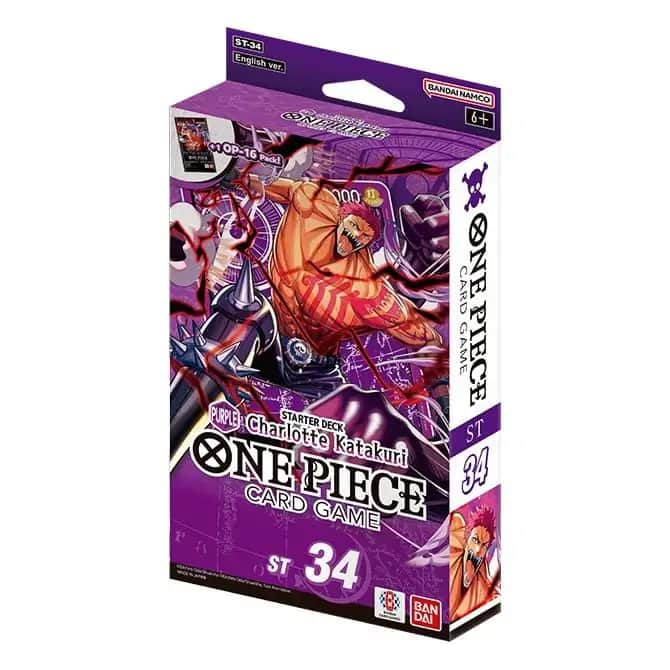 Cutia Starter Deck-ului One Piece Card Game ST-34, cu o ilustrație dinamică a lui Charlotte Katakuri pe un fundal mov intens.