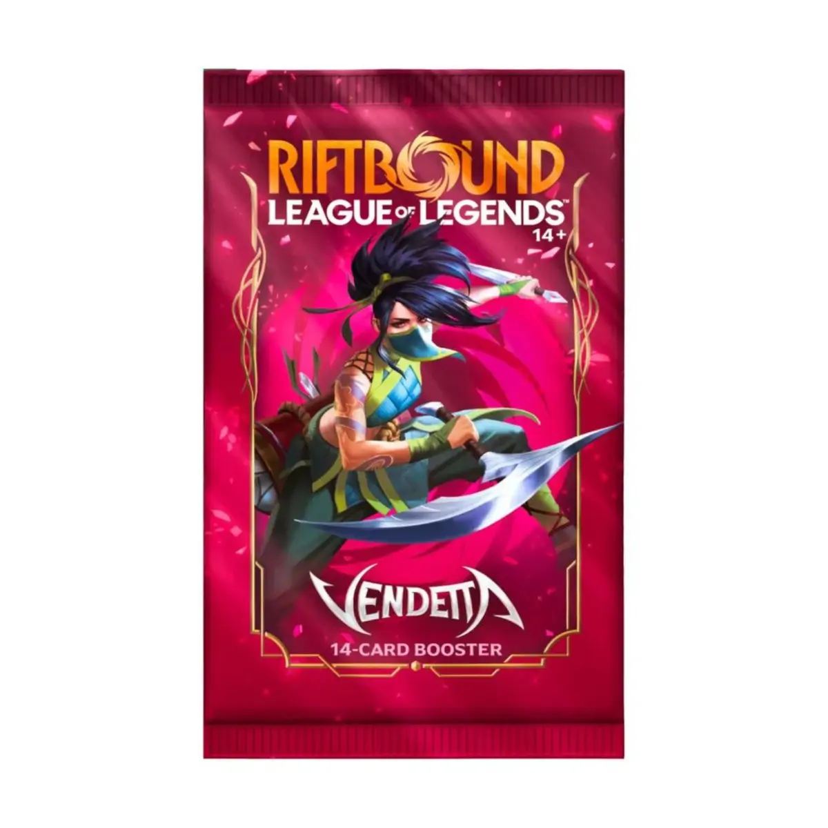Prim-plan detaliat al unui pachet booster individual din setul Riftbound: Vendetta, cu ambalajul său vibrant și logo-ul expansiunii.