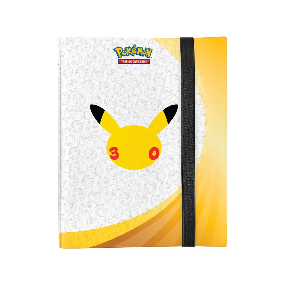 Detaliu cu albumul premium din colecția Pokemon 30th Celebration, evidențiind designul argintiu și auriu, logo-ul aniversar și textura materialului de calitate.