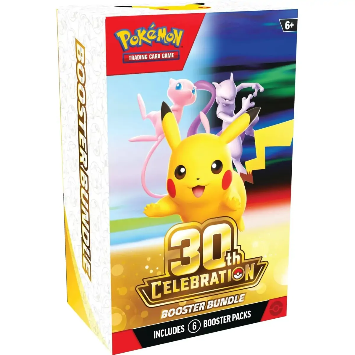 Ambalajul principal al Pokemon 30th Celebration Booster Bundle, afișând logo-ul aniversar și grafica tematică pe o cutie ce conține 6 pachete booster.