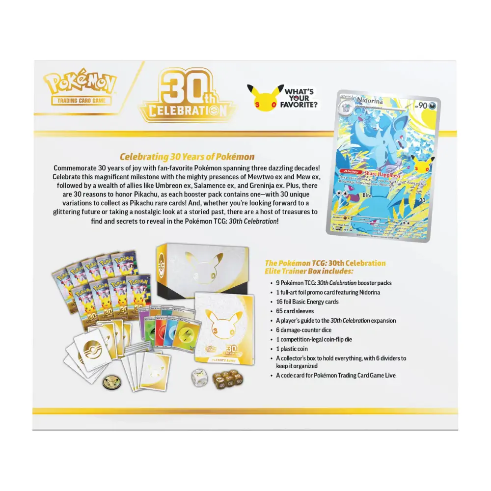 Conținutul complet al Pokemon 30th Celebration Elite Trainer Box, incluzând cele 9 pachete booster, cartea promo Nidorina, foliile de protecție, zarurile și ghidul jucătorului.