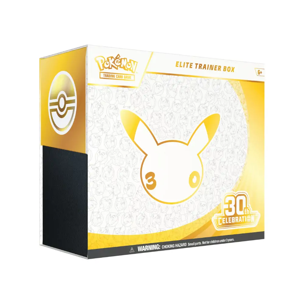 Cutia sigilată Pokemon 30th Celebration Elite Trainer Box, cu ilustrații vibrante ale unor Pokémon legendari precum Mewtwo și Pikachu, pe un fundal festiv.